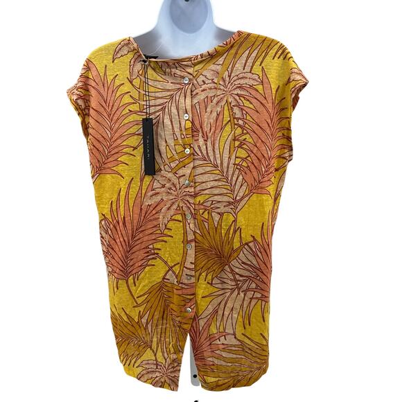 Tahari Luxe Linen Top WMNS M Orange Yellow Tropical Print Back Button Sleeveless - Picture 5 of 8